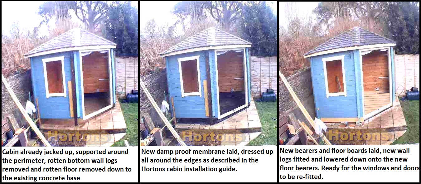Log cabin repairs - replaced wall logs & floor with new DPM
